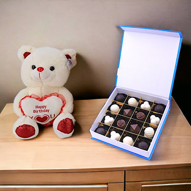 Happy Birthday Teddy Bear, Assorted Chocolate Collection, 16 Pcs Chocolate Box, Birthday Gift Combo
